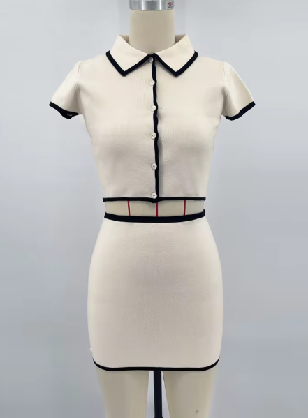 Trim Knitted Cardigan Sheath Skirt Outfit