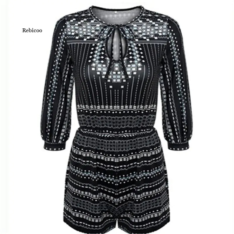 Elegant Vintage V-Neck Jumpsuit – Geometric Summer Romper (XS~5XL)