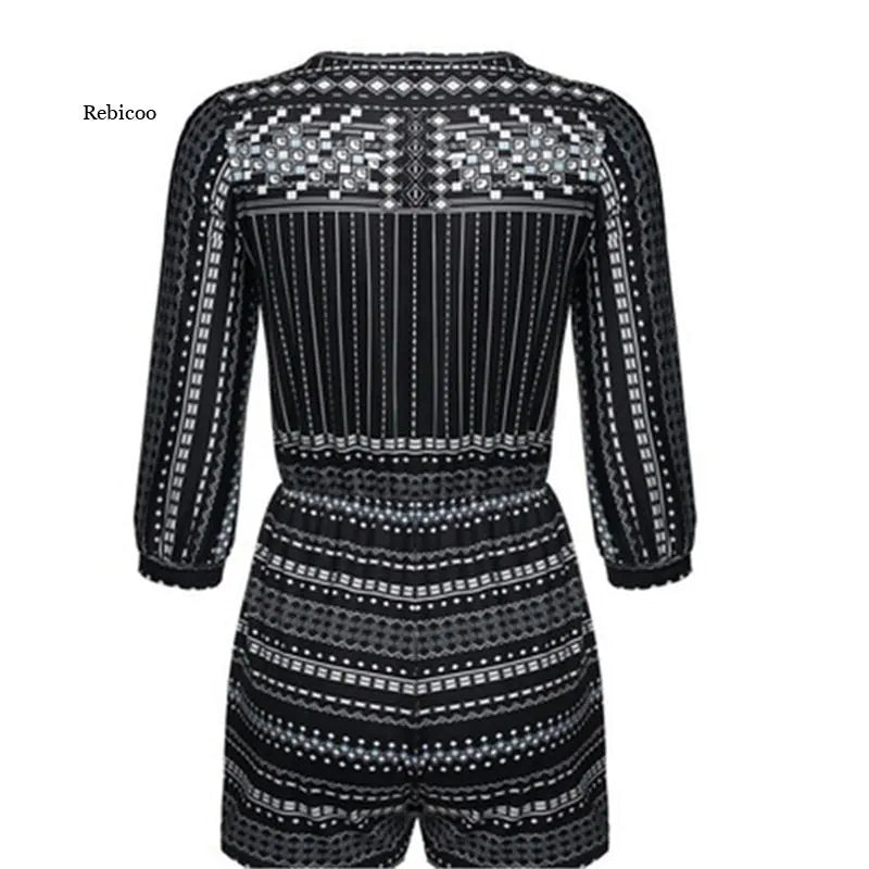 Elegant Vintage V-Neck Jumpsuit – Geometric Summer Romper (XS~5XL)