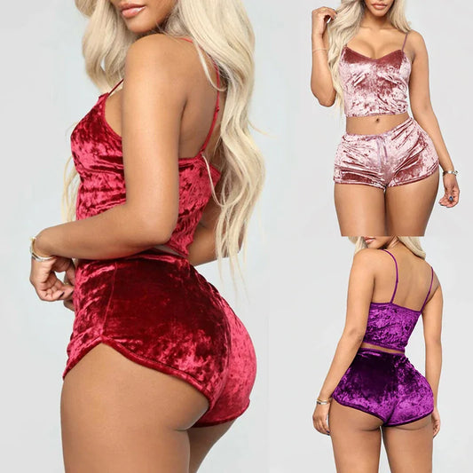 Spaghetti Strap Velvet Shorts Pajama Set