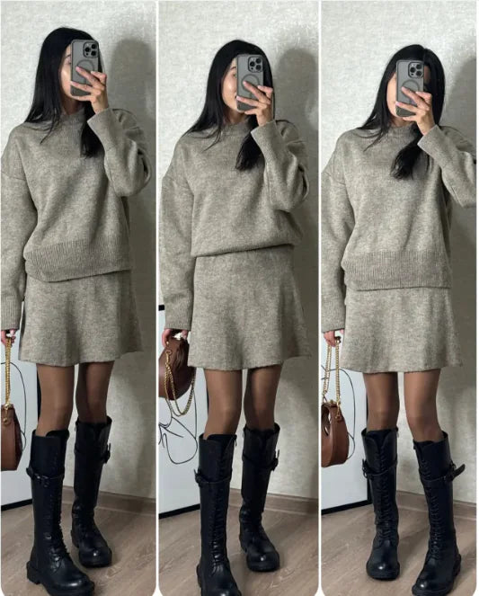 Women’s Knitwear Top &amp; A-Line Skirt Two-Piece Set