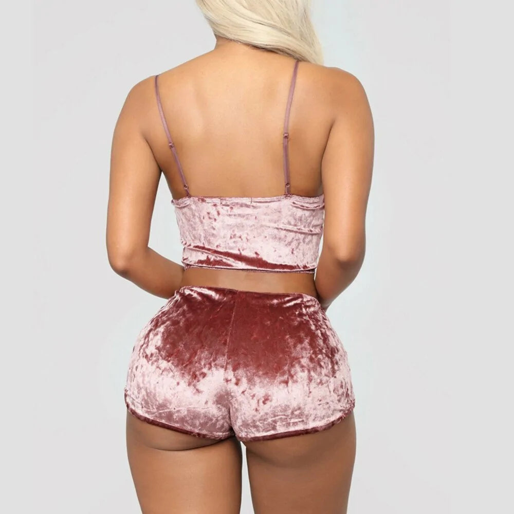 Spaghetti Strap Velvet Shorts Pajama Set