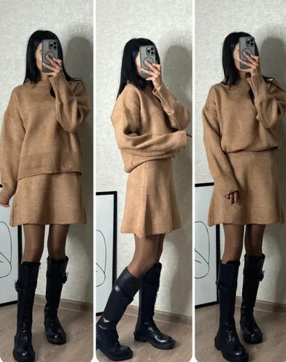 Women’s Knitwear Top &amp; A-Line Skirt Two-Piece Set