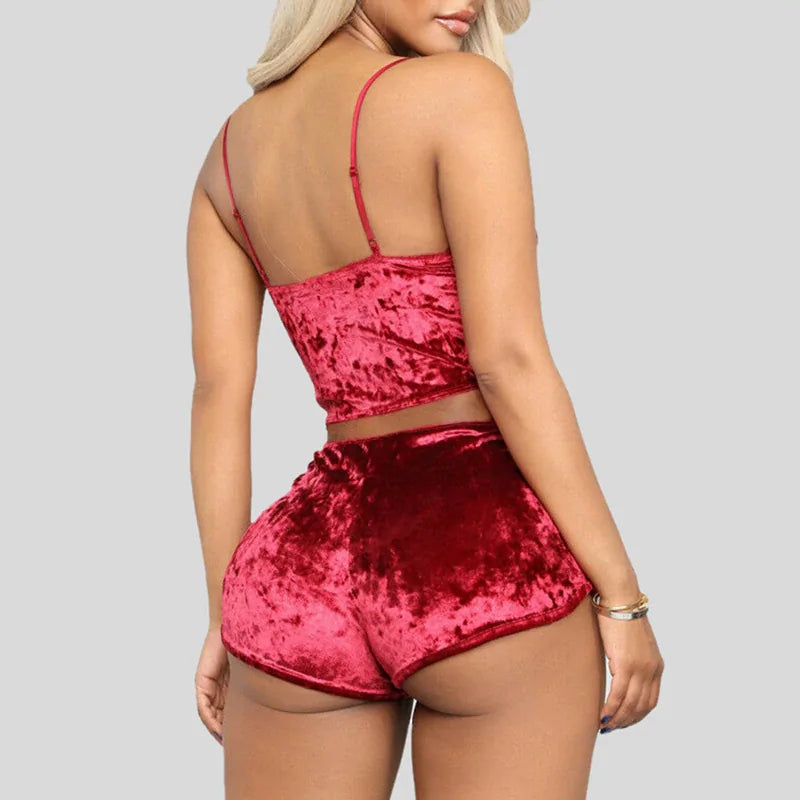 Spaghetti Strap Velvet Shorts Pajama Set