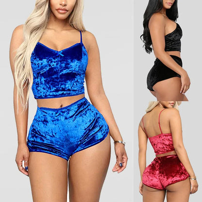 Spaghetti Strap Velvet Shorts Pajama Set