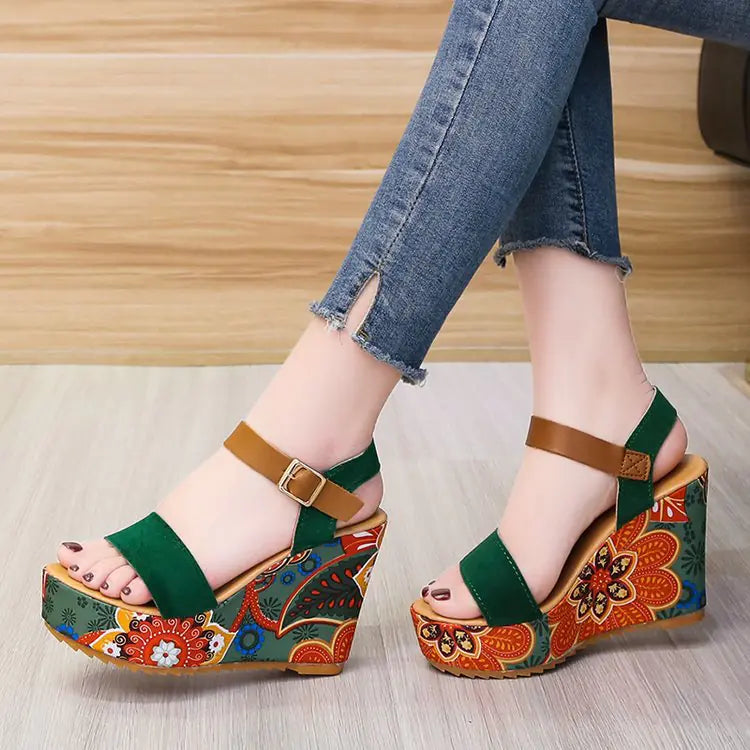 Ethnic Style Embroidered Buckle High-Heel Sandals – Korean Fashion Open-Toe Shoes