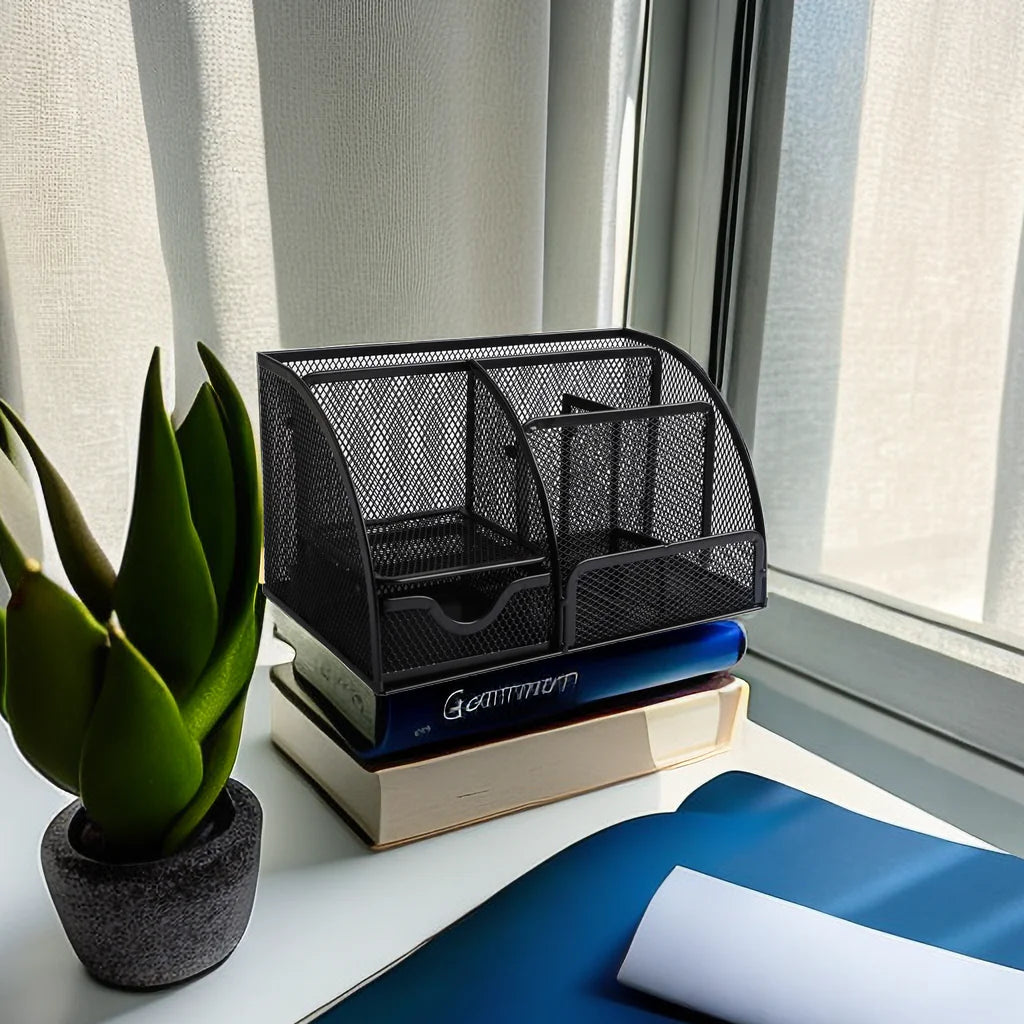 Metal Divided Pen Holder – Multi-Cell Desk Organizer for Office & Home | Black