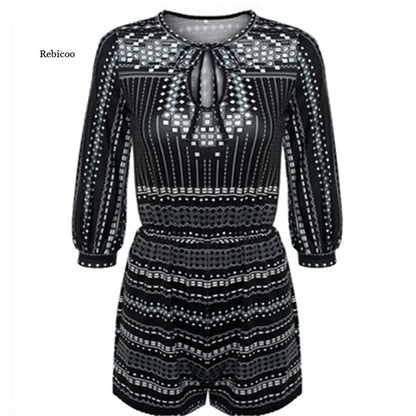 Elegant Vintage V-Neck Jumpsuit – Geometric Summer Romper (XS~5XL)