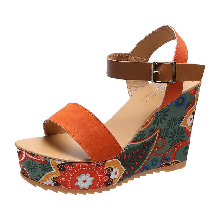 Ethnic Style Embroidered Buckle High-Heel Sandals – Korean Fashion Open-Toe Shoes