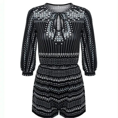 Elegant Vintage V-Neck Jumpsuit – Geometric Summer Romper (XS~5XL)