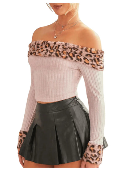 Fuzzy Leopard Off-Shoulder Y2K Crop Top – Pink