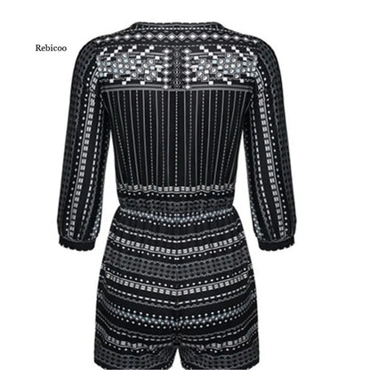 Elegant Vintage V-Neck Jumpsuit – Geometric Summer Romper (XS~5XL)