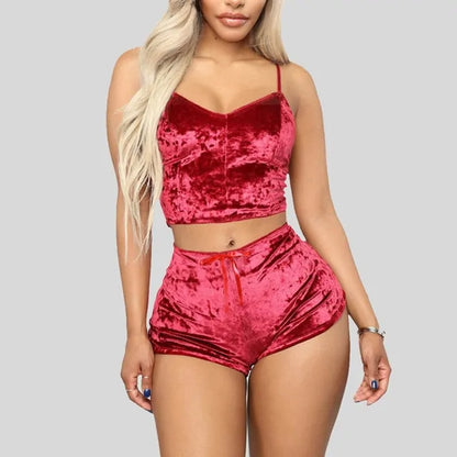 Spaghetti Strap Velvet Shorts Pajama Set